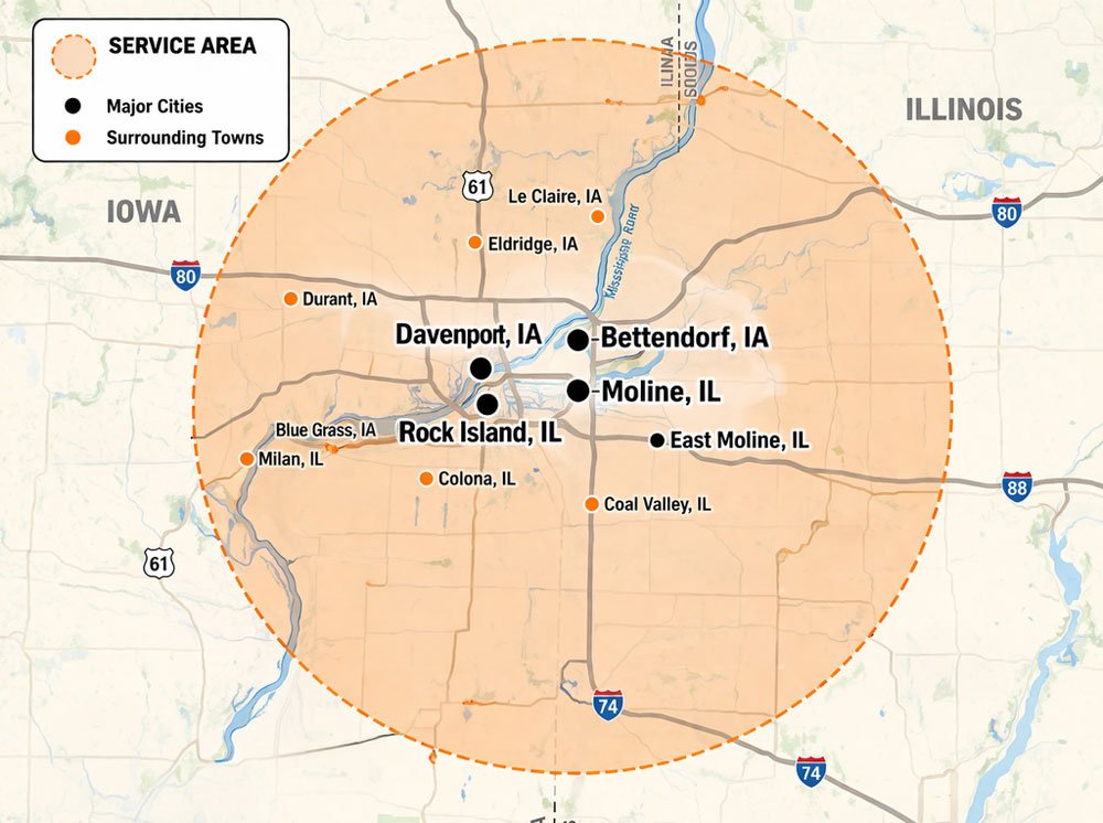 qc-gravel-pros-service-areas-map_1000 QC Gravel Pros service area map – Serving Davenport, Iowa, Bettendorf, Iowa, Moline, Illinois, Rock Island Illinoise, East Moline, Illinoise and surrounding rural areas - Quad Cities gravel driveway installation and site prep contractor
